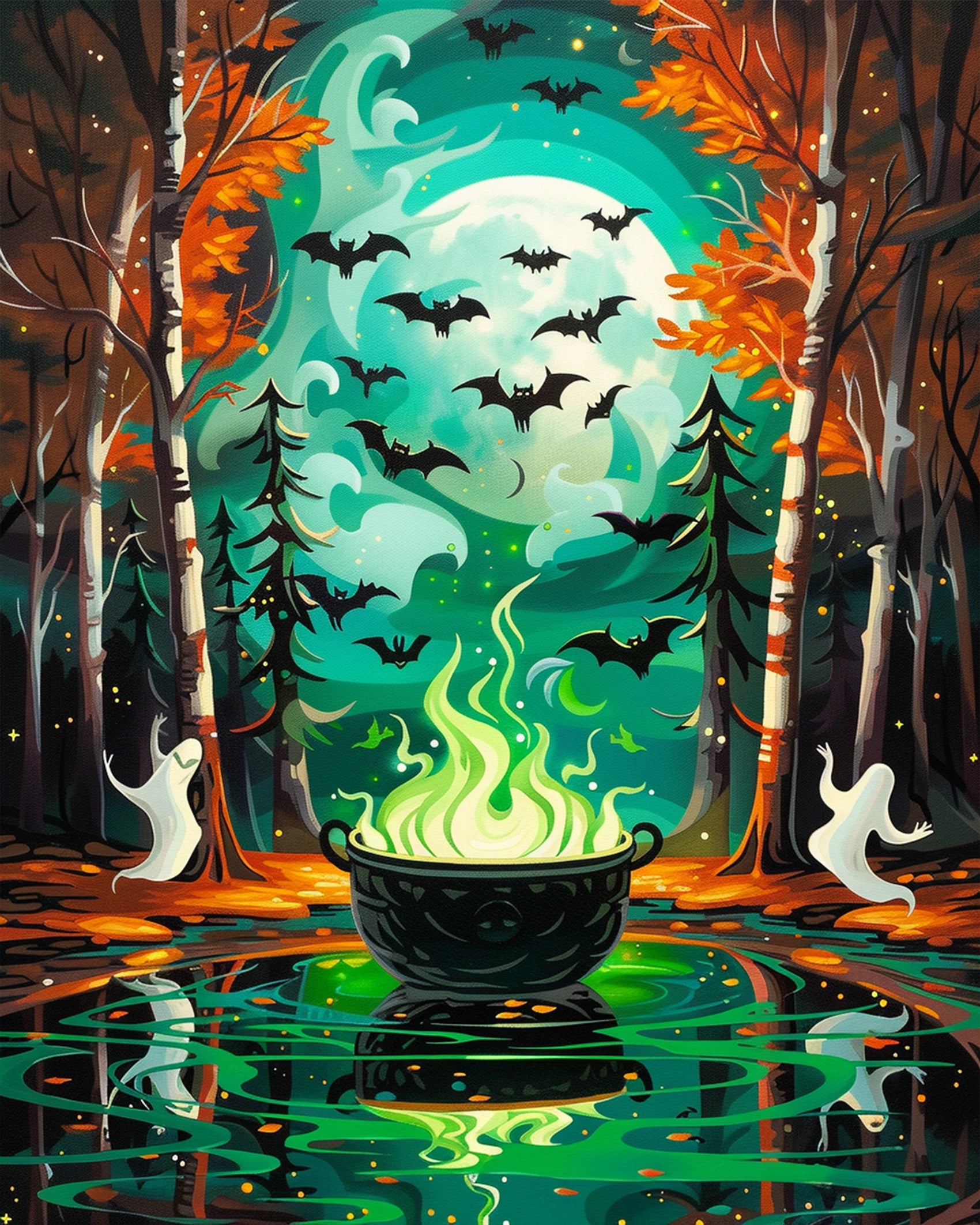 Vibrant Enchanted Forest Cauldron paint by numbers kit by miicreative, featuring a glowing cauldron in a mystical forest with bats and autumn leaves, enhancing creativity and mindfulness.