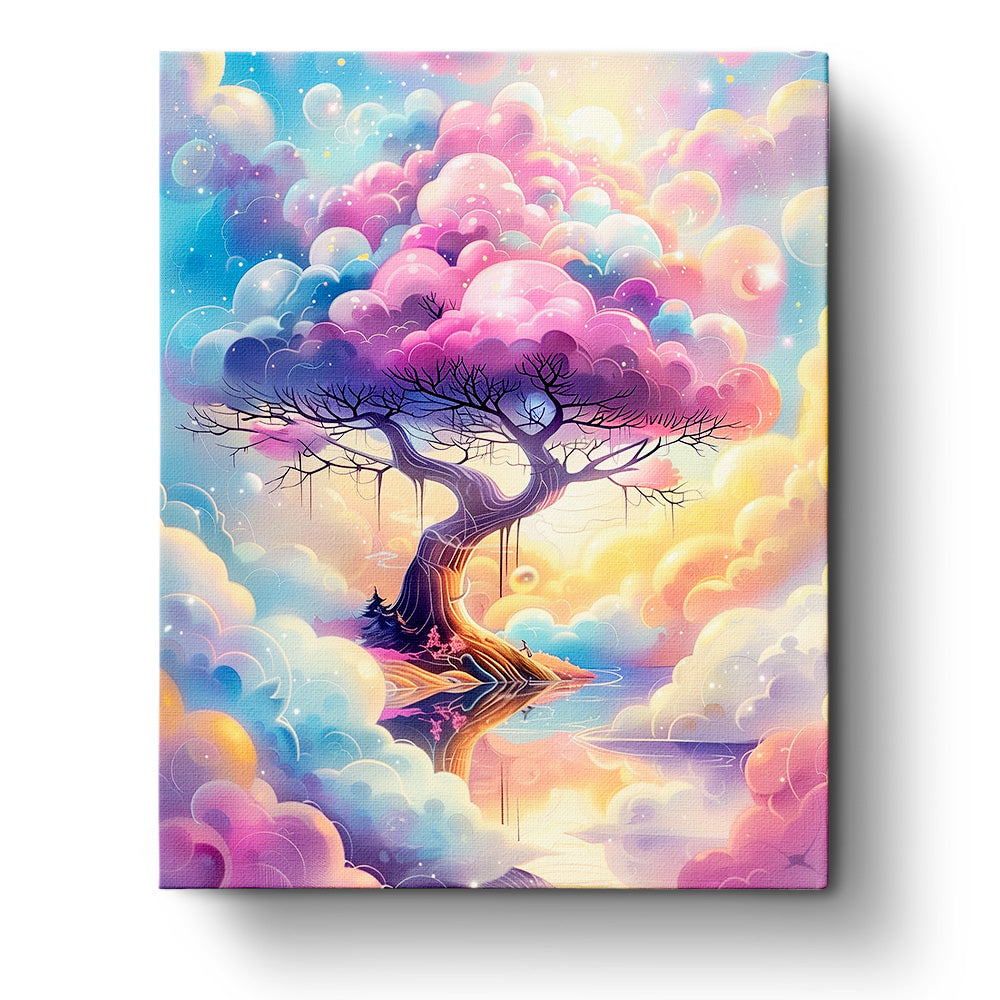 Dreamy Twilight Canopy paint by numbers kit from miicreative. Features a mystical tree under colorful twilight clouds highlighting creativity and mindfulness.