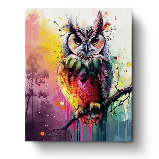 A captivating vibrant owl illustration captured in rich colors, featuring the product title Vibrant Owl Illustration - Abstract Animals and the brand name miicreative. Showcases the owl's intricate feathers and branches, emphasizing mindfulness and creativity.