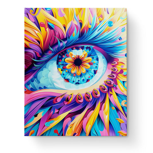 Colorful Eye - Meditation paint by numbers kit by miicreative. The vibrant design features an abstract eye with swirling colors like blue, yellow, and purple, creating a sense of mindfulness and creativity.