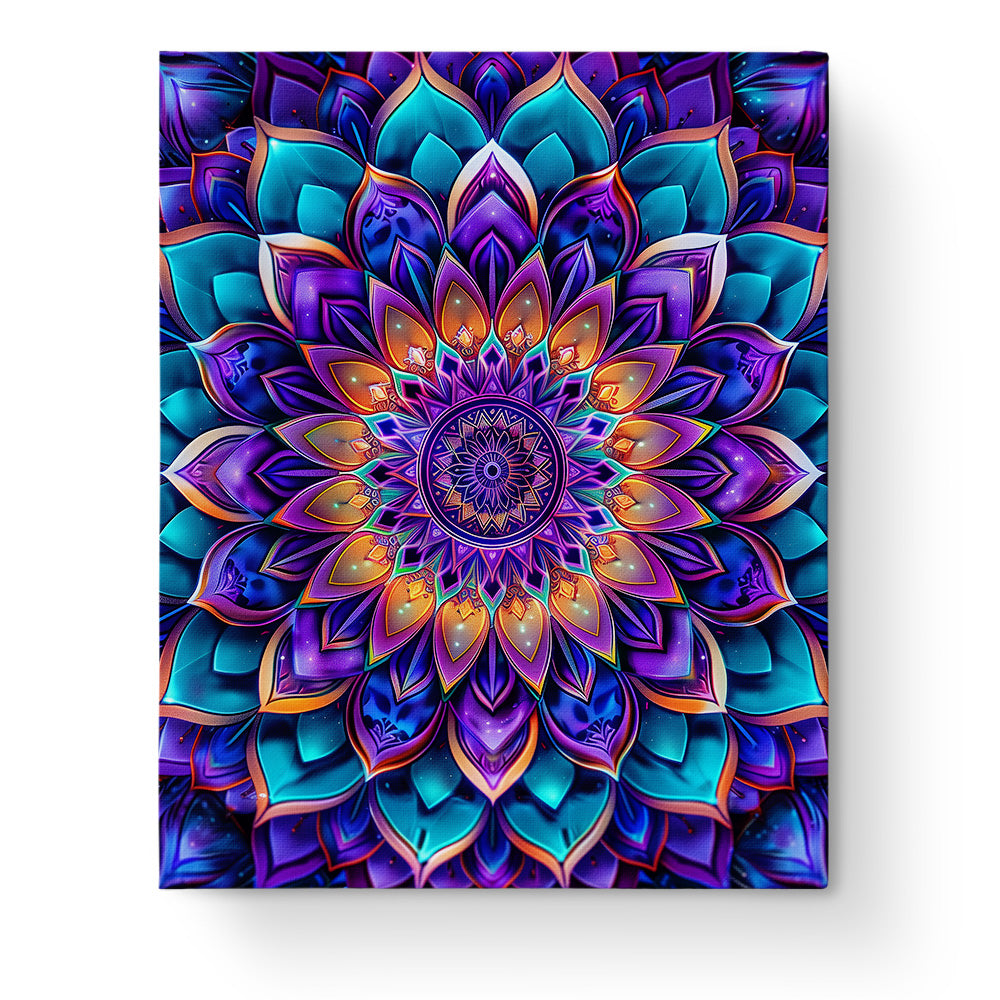 The Vibrant Serenity - Mandalas features an intricate, colorful mandala design in vivid purples, blues, and oranges. This miicreative kit encourages mindfulness and creativity with its detailed geometric patterns.