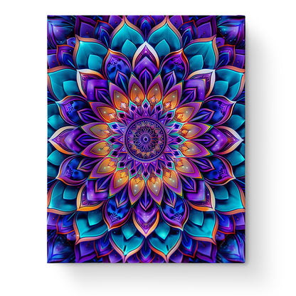 The Vibrant Serenity - Mandalas features an intricate, colorful mandala design in vivid purples, blues, and oranges. This miicreative kit encourages mindfulness and creativity with its detailed geometric patterns.