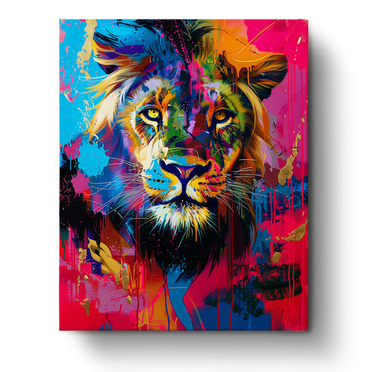 A vibrant lion portrait full of bold colors like blue, orange, and pink, showcasing the essence of creativity. This image represents the 'Vibrant Lion Portrait - Abstract Animals' kit by miicreative, emphasizing mindfulness and artistic expression.