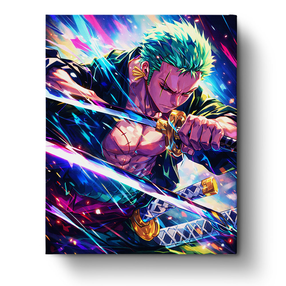 Zoro Swordplay Mastery by miicreative, capturing intense focus and vibrant colors from One Piece. Perfect for mindfulness and anime fans.