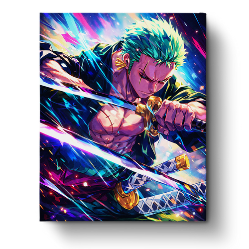 Zoro Swordplay Mastery by miicreative, capturing intense focus and vibrant colors from One Piece. Perfect for mindfulness and anime fans.