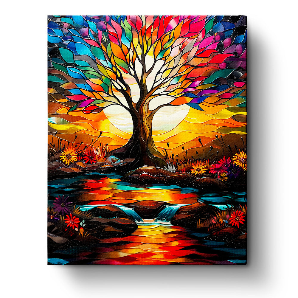 A vibrant tree of life with colorful leaves against a setting sun, part of the miicreative Meditation collection. The vivid colors emphasize creativity and mindfulness.