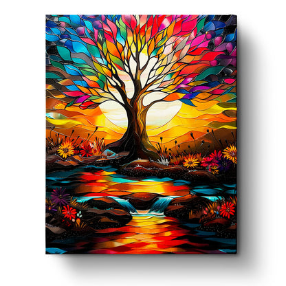 A vibrant tree of life with colorful leaves against a setting sun, part of the miicreative Meditation collection. The vivid colors emphasize creativity and mindfulness.