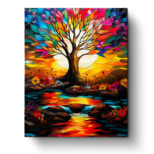 A vibrant tree of life with colorful leaves against a setting sun, part of the miicreative Meditation collection. The vivid colors emphasize creativity and mindfulness.