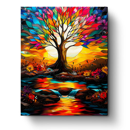 A vibrant tree of life with colorful leaves against a setting sun, part of the miicreative Meditation collection. The vivid colors emphasize creativity and mindfulness.