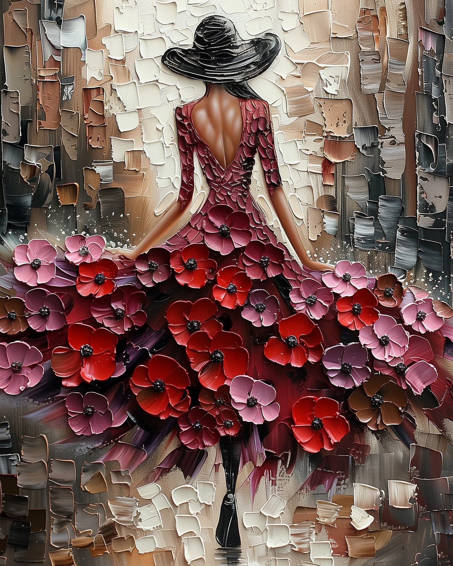 An artistic woman with a floral dress in vivid reds and pinks, captured in Elegant Stroll in Blossom Dress. Perfect for stress relief and creativity with miicreative fixed kits.