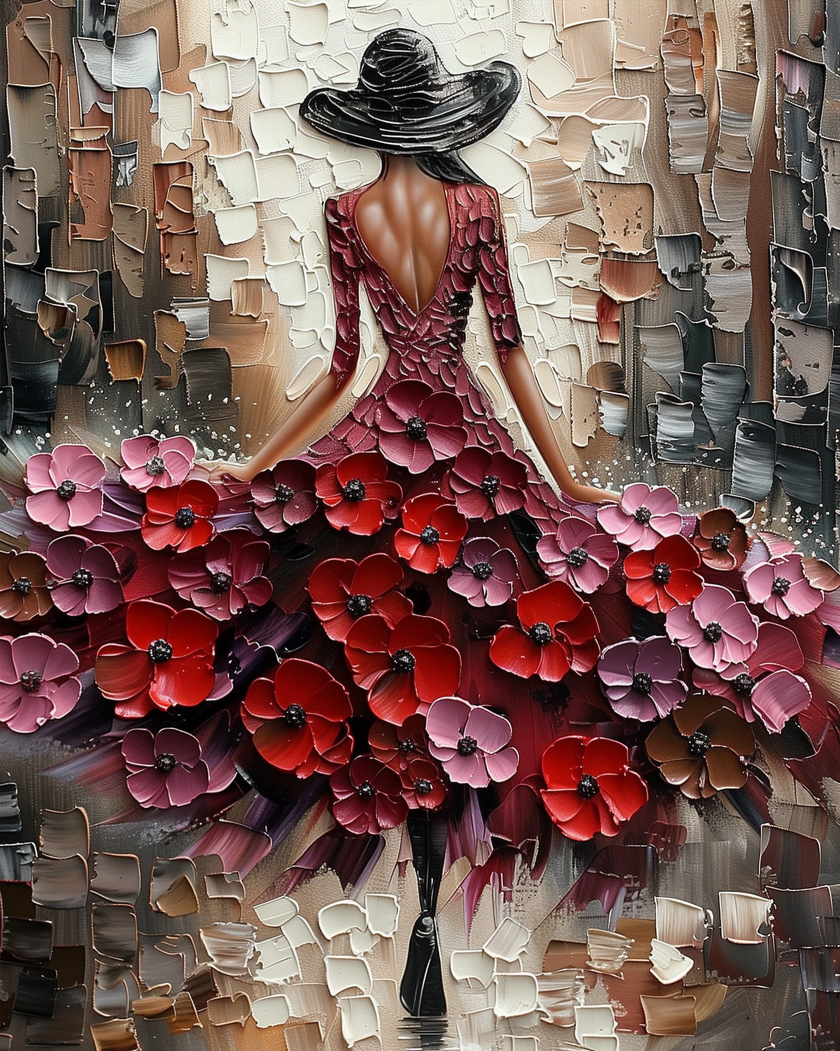 An artistic woman with a floral dress in vivid reds and pinks, captured in Elegant Stroll in Blossom Dress. Perfect for stress relief and creativity with miicreative fixed kits.