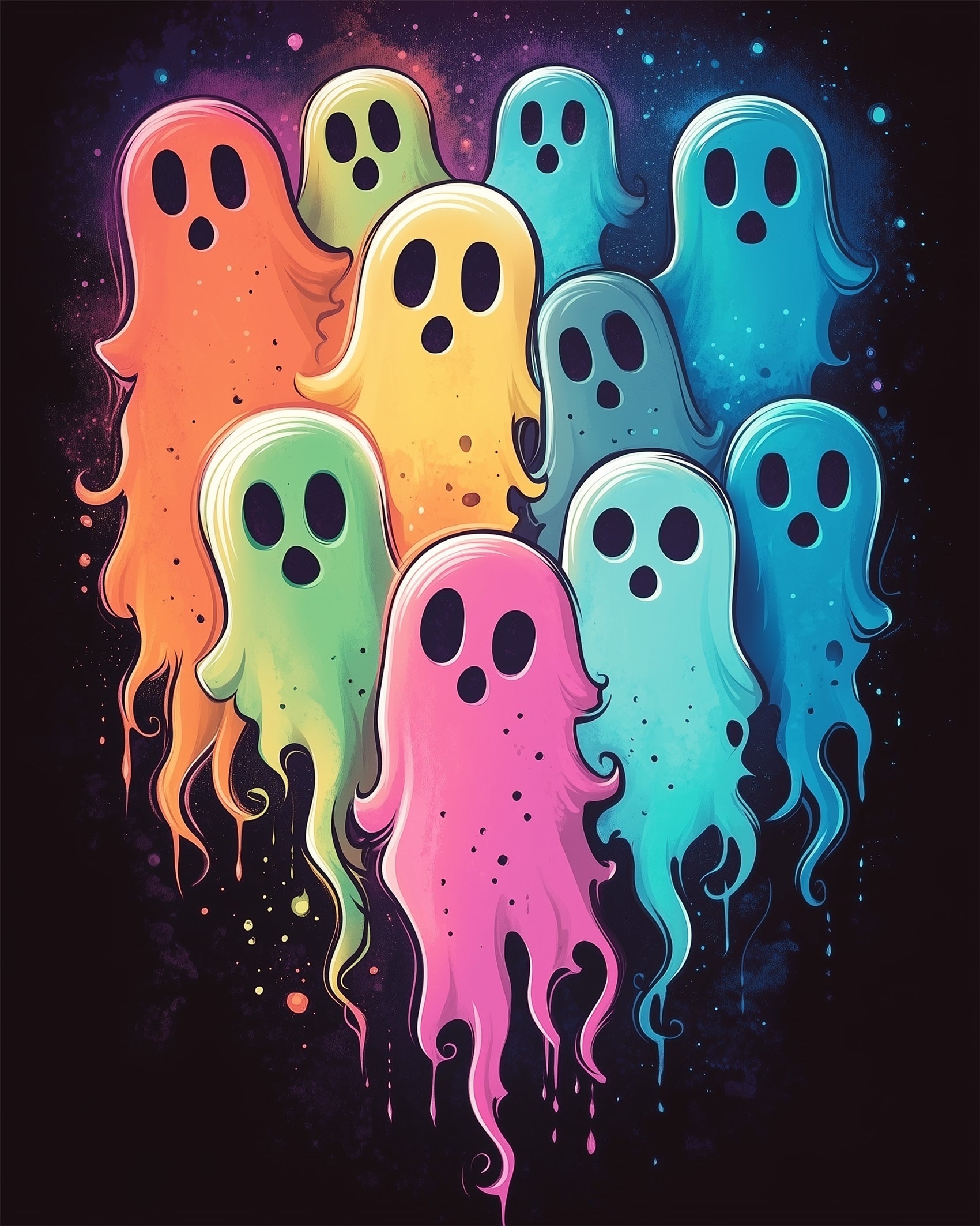 Halloween-themed vibrant ghost painting kit by miicreative, featuring colorful ghosts for a mindful and relaxing art experience.