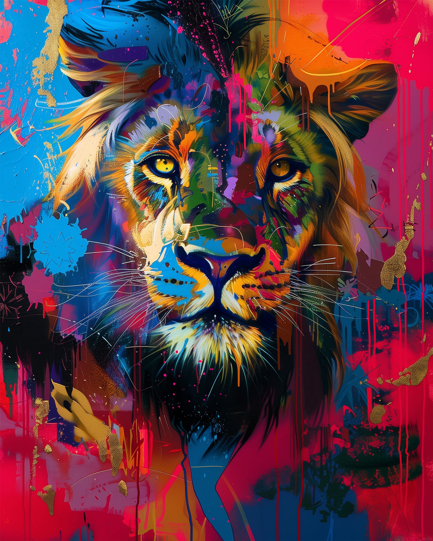 A vibrant lion portrait full of bold colors like blue, orange, and pink, showcasing the essence of creativity. This image represents the 'Vibrant Lion Portrait - Abstract Animals' kit by miicreative, emphasizing mindfulness and artistic expression.