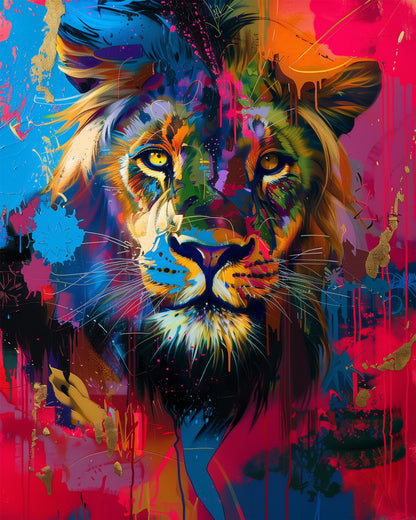 A vibrant lion portrait full of bold colors like blue, orange, and pink, showcasing the essence of creativity. This image represents the 'Vibrant Lion Portrait - Abstract Animals' kit by miicreative, emphasizing mindfulness and artistic expression.