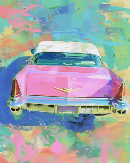 A vibrant paint by numbers kit featuring a retro pink car on a colorful abstract background by miicreative. This Retro Car Dreamscape kit inspires creativity and mindfulness through its vivid hues and nostalgic subject.