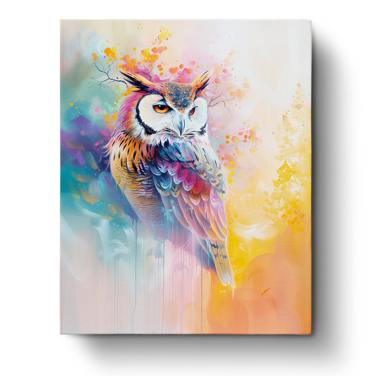 Vibrant Owl Paint By Numbers Kit from miicreative. Features a colorful owl with intricate patterns against a soft pastel background, emphasizing creativity and mindfulness.