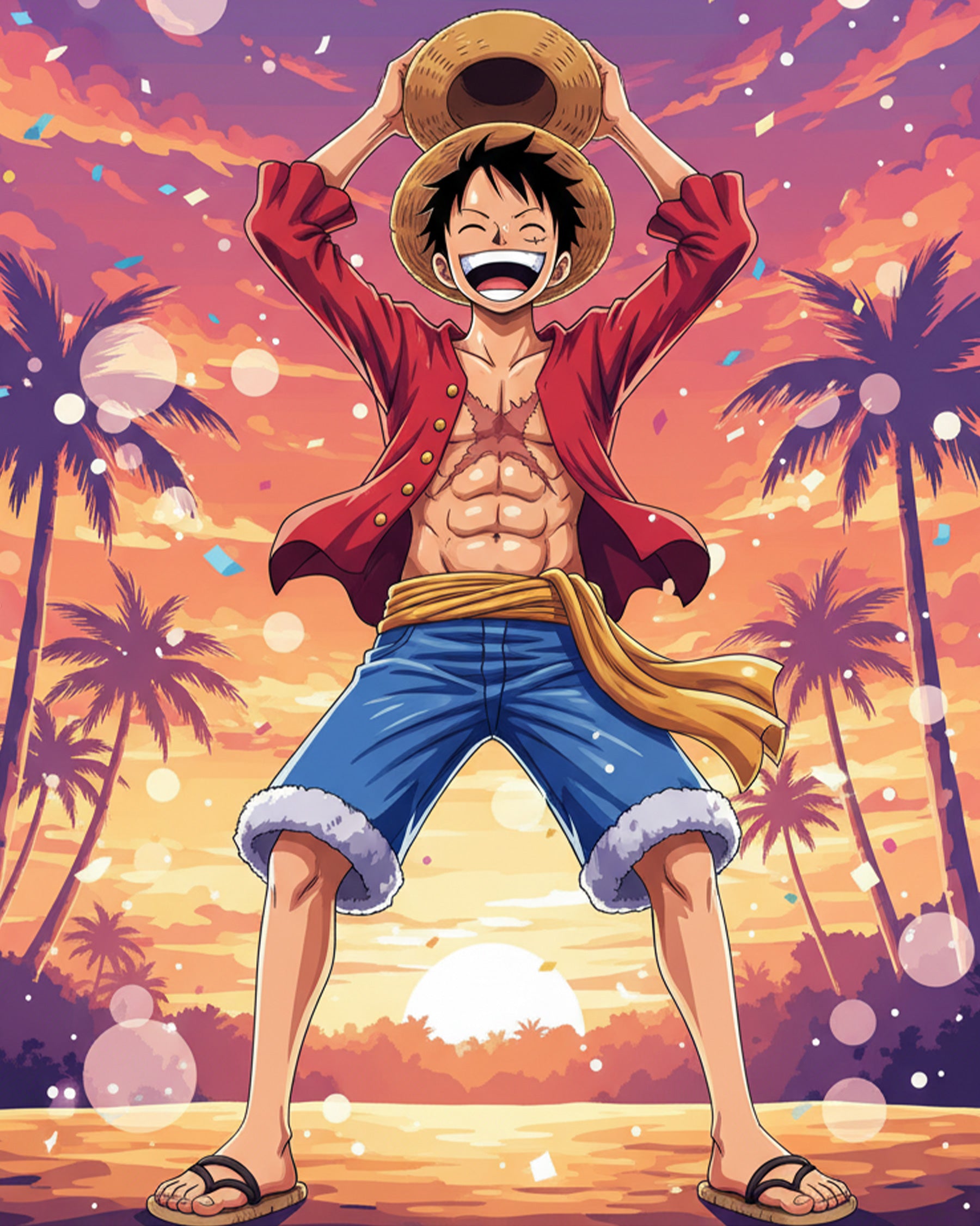 Luffy from One Piece enjoying a sunset beach, offering a meditative painting experience with miicreative's kit.