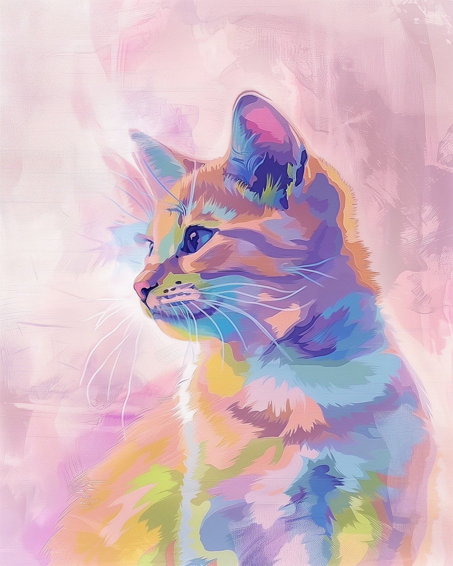 Vibrant abstract cat portrait with pastel hues in the Colorful Cat Portrait - Abstract Animals paint by numbers kit by miicreative, highlighting mindfulness and creativity.