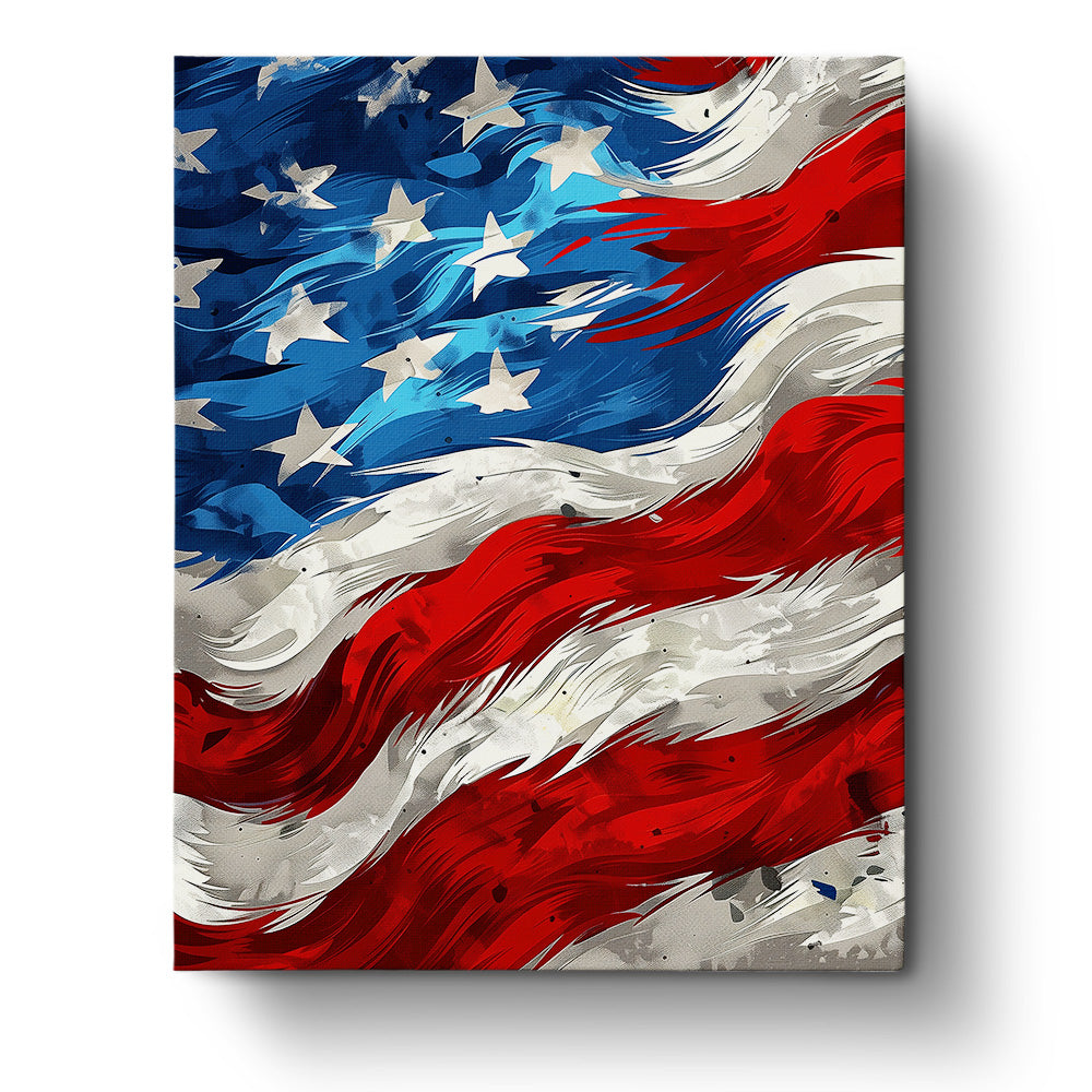 Detailed depiction of American Flag Waves featuring vivid red, white, and blue colors. This miicreative kit highlights the meditative art of paint by numbers, perfect for enhancing mindfulness and creativity.