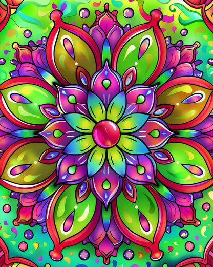 A vivid mandala design titled Vibrant Serenity - Mandalas by miicreative. Featuring bright greens, purples, and pinks, this paint by numbers kit emphasizes creativity and mindfulness.