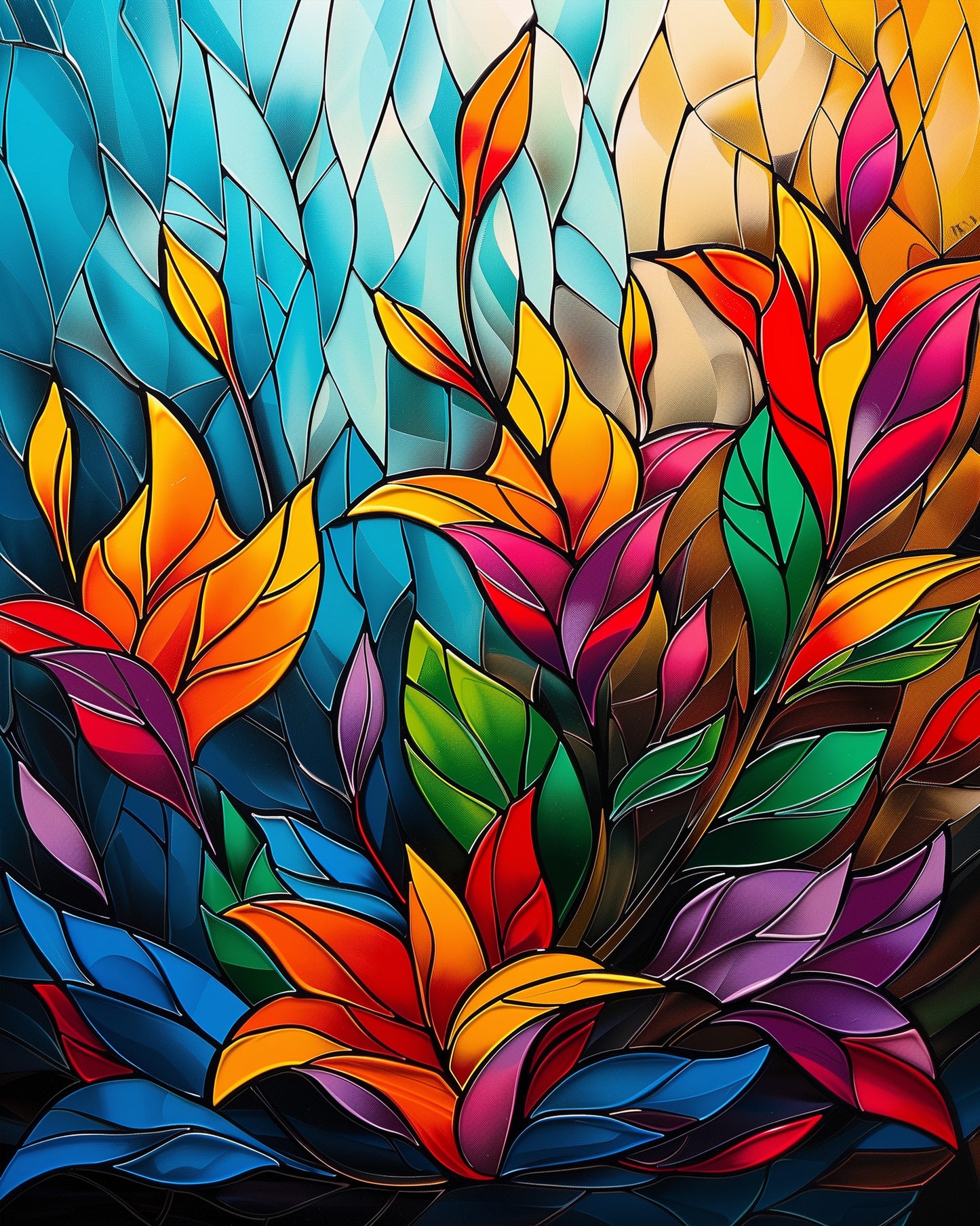 Stained Glass Serenity - Meditation paint by numbers kit by miicreative. Features a colorful stained glass pattern with vibrant blues, oranges, and greens, emphasizing mindfulness and creativity.