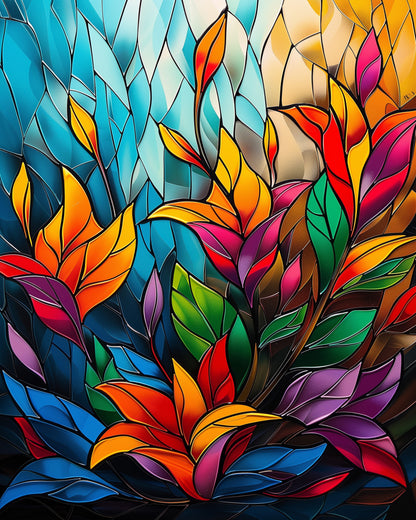 Stained Glass Serenity - Meditation paint by numbers kit by miicreative. Features a colorful stained glass pattern with vibrant blues, oranges, and greens, emphasizing mindfulness and creativity.