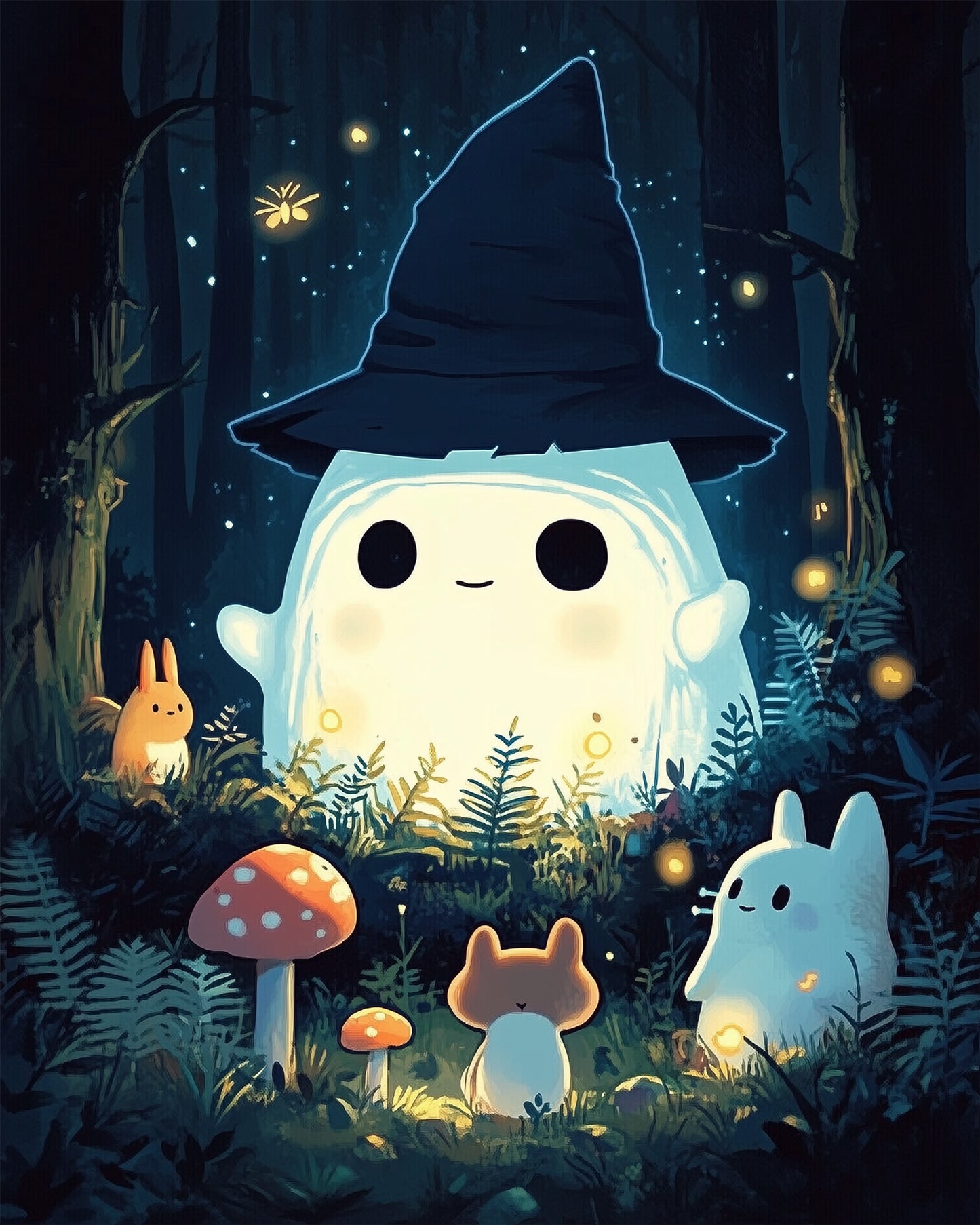 Charming Halloween ghost with witch hat and playful animals in the woods. Embrace creativity and mindfulness with miicreative's paint by numbers kit.