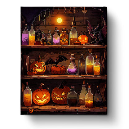 miicreative Potion Shelf and Pumpkins - Halloween paint by numbers kit featuring glowing potion bottles, carved pumpkins, and a bat. Embrace creativity and mindfulness with this vibrant, detailed Halloween scene.