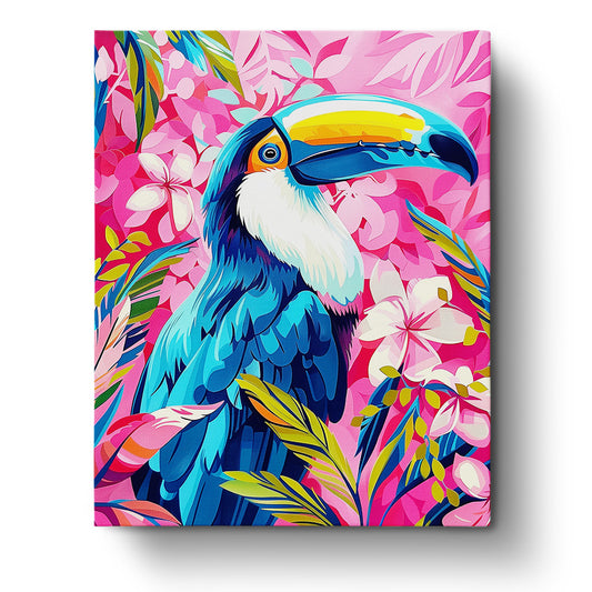 Colorful and vivid artwork of a toucan set against a pink floral background, featuring bold blue, yellow, and green hues. Vibrant Toucan - Abstract Animals kit by miicreative, emphasizing creativity and mindfulness.