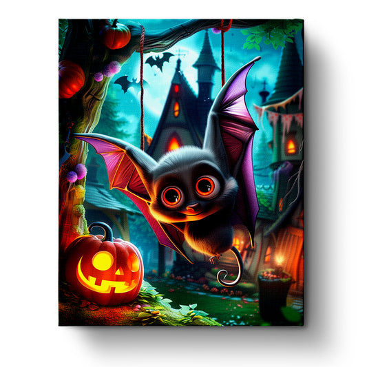 Adorable Halloween scene featuring a cute bat with bright purple wings and big eyes hanging beside a glowing pumpkin. The background showcases a spooky house. Perfect for stress relief and creativity with miicreative.