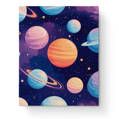 Celestial Wonders by miicreative features a vibrant galaxy with colorful planets. Experience mindfulness and focus while painting this inspiring kit.