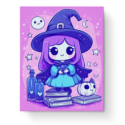 A miicreative paint by numbers image featuring a cute witch with a hat, surrounded by books and a pumpkin. Emphasizes creativity and mindfulness.