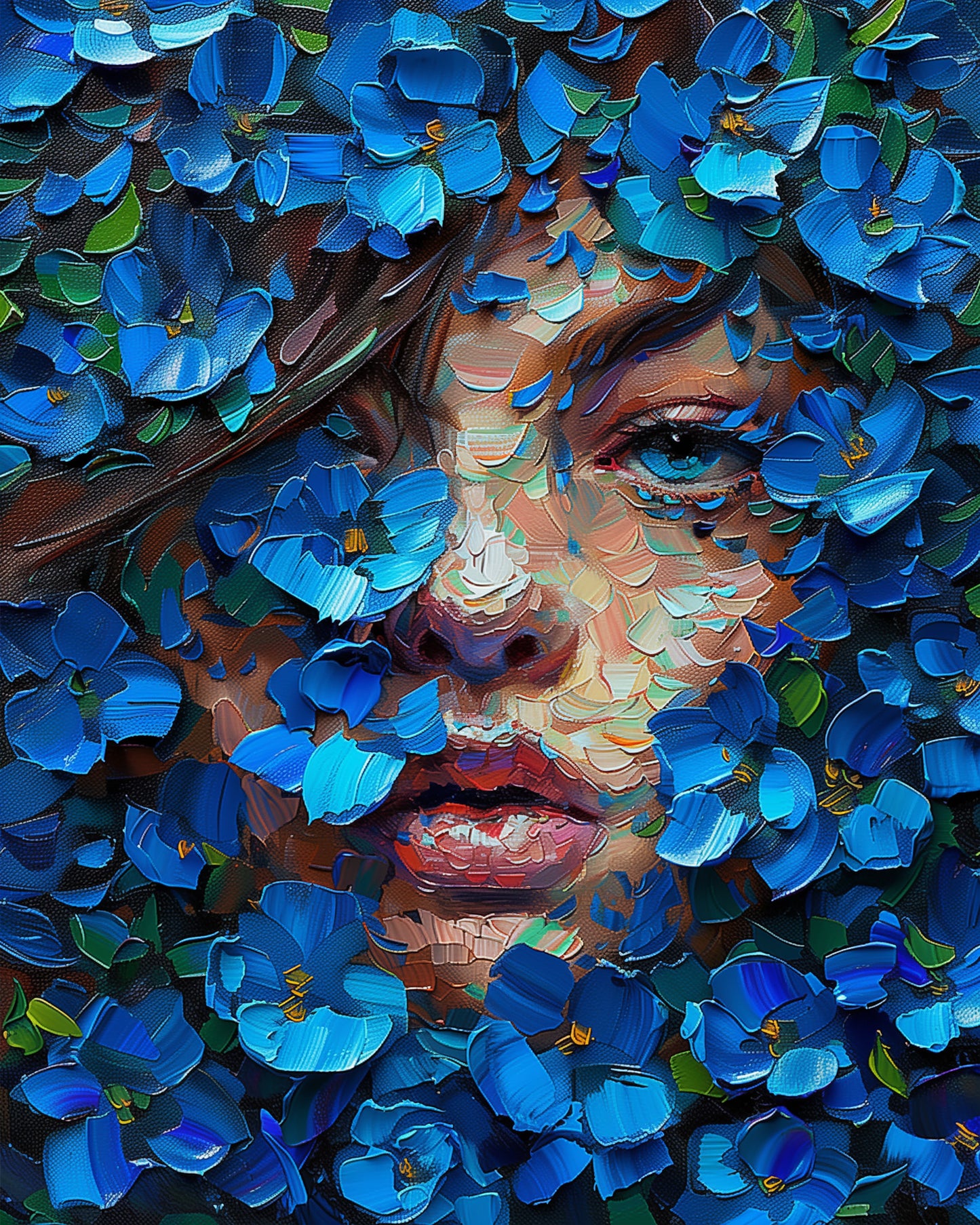 Artistic portrayal of a woman's face enveloped in blue blossoms, provided by miicreative, encouraging relaxation and creative expression.