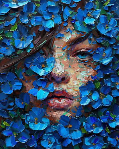 Artistic portrayal of a woman's face enveloped in blue blossoms, provided by miicreative, encouraging relaxation and creative expression.