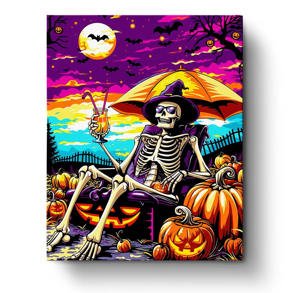 miicreative paint by numbers kit featuring a skeleton lounging with a drink under a colorful Halloween sky. Vibrant oranges, purples, and yellows evoke a sense of creativity and mindfulness.