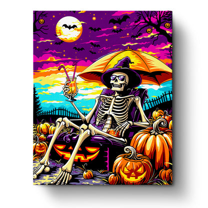 miicreative paint by numbers kit featuring a skeleton lounging with a drink under a colorful Halloween sky. Vibrant oranges, purples, and yellows evoke a sense of creativity and mindfulness.