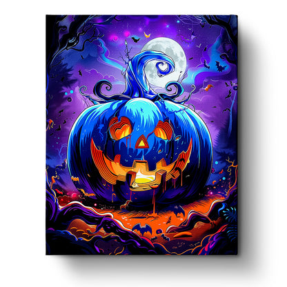 Colorful illustration of a glowing blue pumpkin under a full moon, surrounded by bats and twisted branches. Mystical Moonlit Pumpkin - Halloween by miicreative, featuring a vibrant palette to enhance mindfulness and creativity.