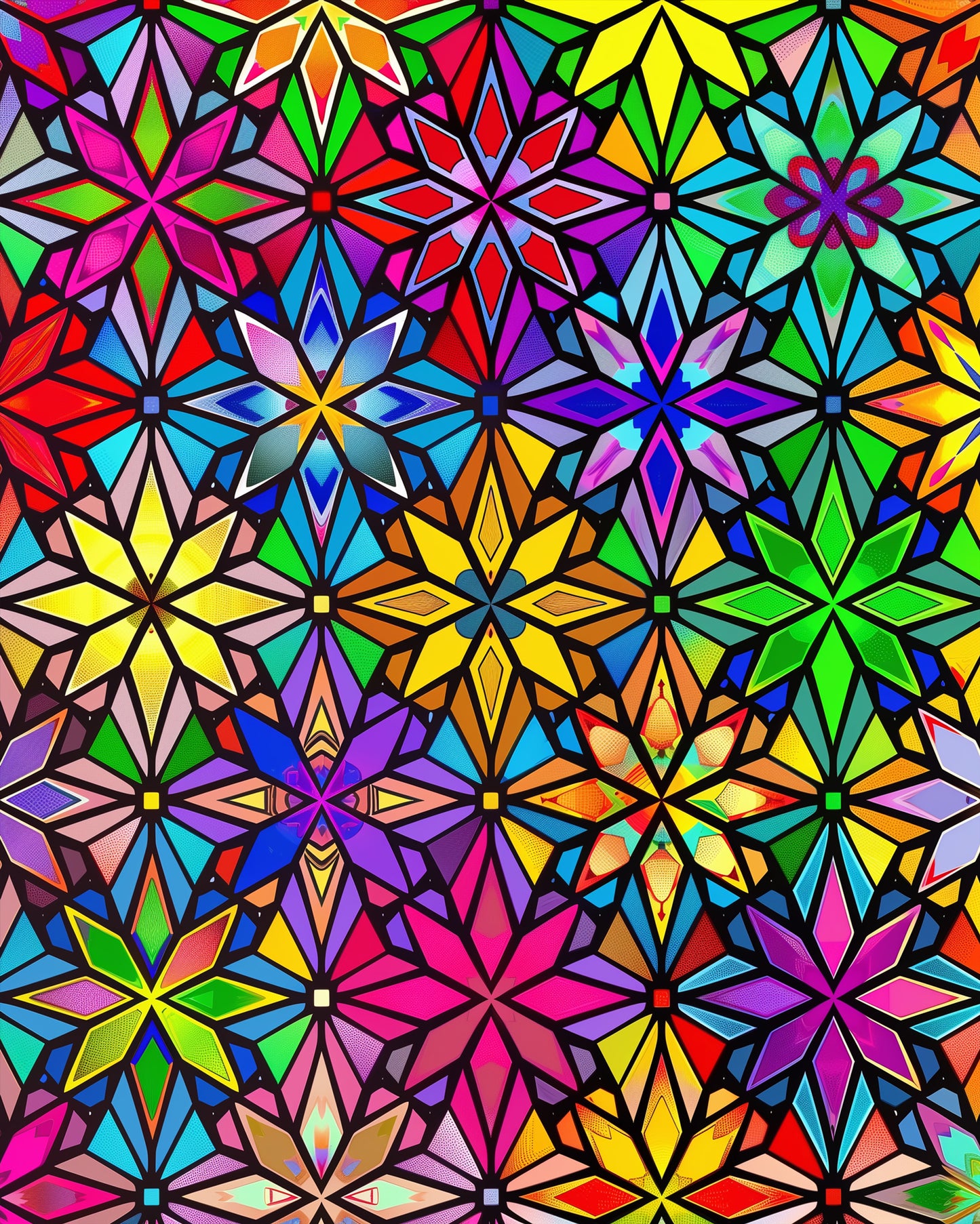 Vibrant Kaleidoscope Mandalas paint-by-numbers kit by miicreative. The image features a colorful array of geometric mandala patterns in vivid blues, greens, and reds, perfect for enhancing mindfulness and creativity.