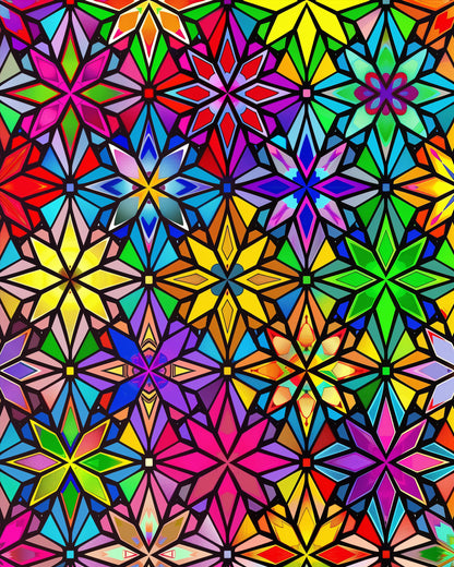 Vibrant Kaleidoscope Mandalas paint-by-numbers kit by miicreative. The image features a colorful array of geometric mandala patterns in vivid blues, greens, and reds, perfect for enhancing mindfulness and creativity.