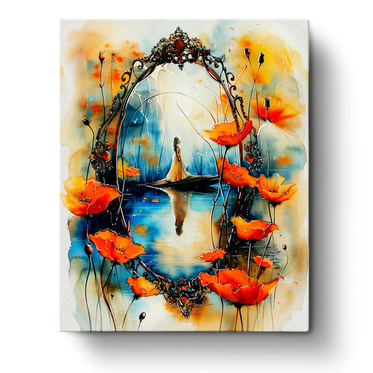 Reflection of Serenity - Bohemian Vibes by miicreative. The image features a dreamy scene in a decorative frame with bright orange flowers and a figure in a reflective pose, evoking mindfulness and creativity.