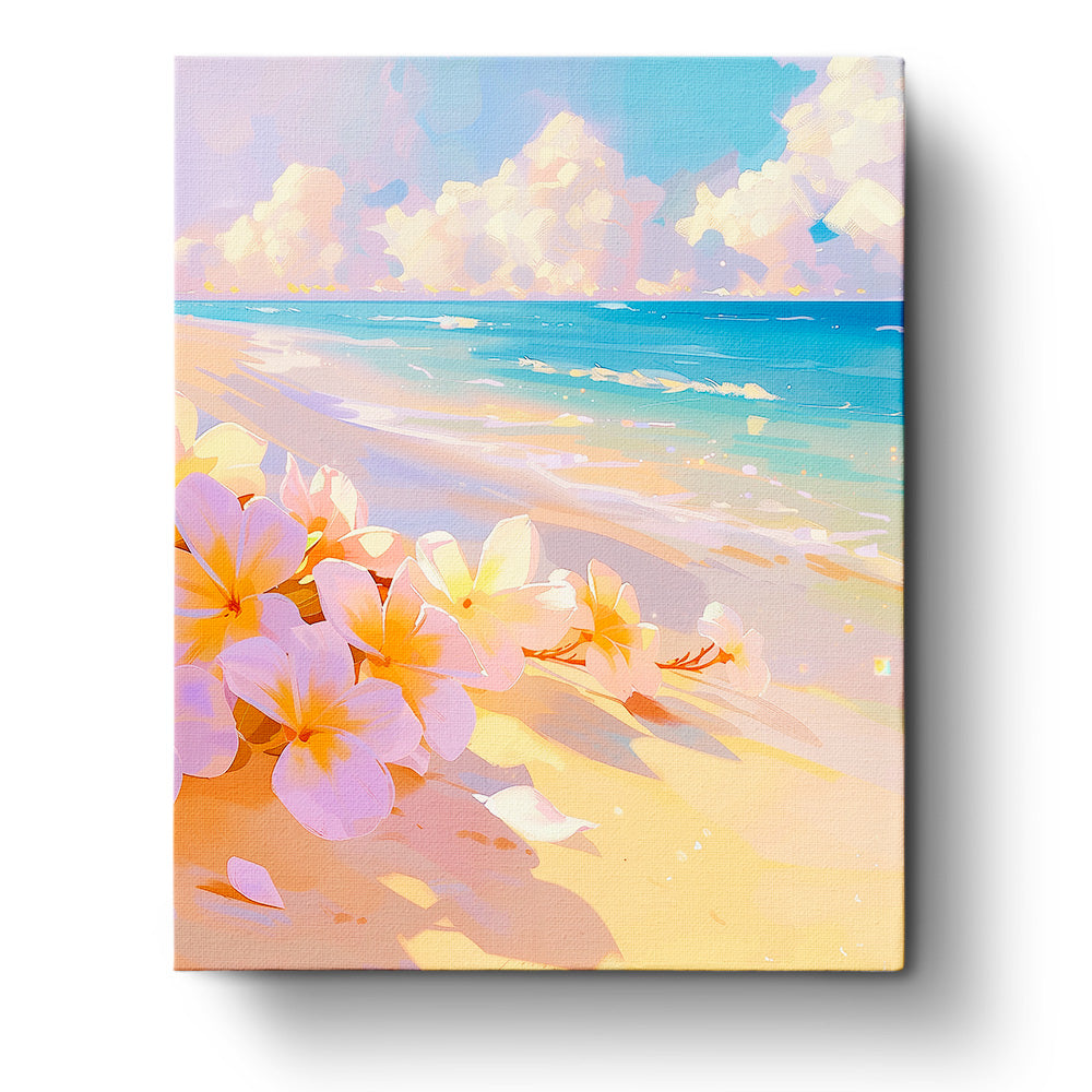 Tropical Beach Blossoms - Bohemian Vibes paint by numbers kit by miicreative. Features pastel colors of beach and floral elements, providing a peaceful, creative experience.