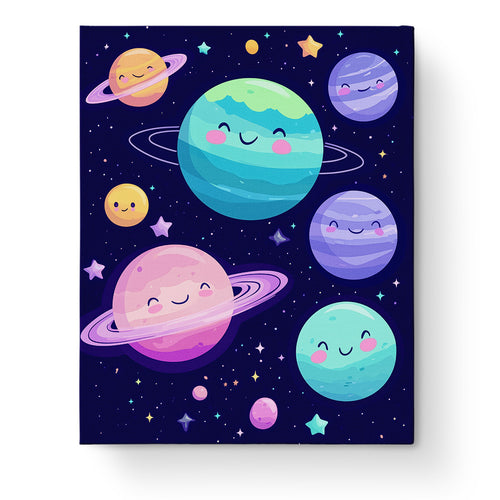 Whimsical Planets Delight by miicreative. Adorable smiling planets and stars create a joyful scene. Perfect for mindfulness and relaxation through painting.