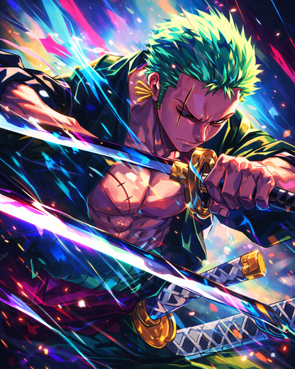 Intense Zoro painting kit by miicreative showcases bold action from One Piece. Ideal for stress relief and collectors.