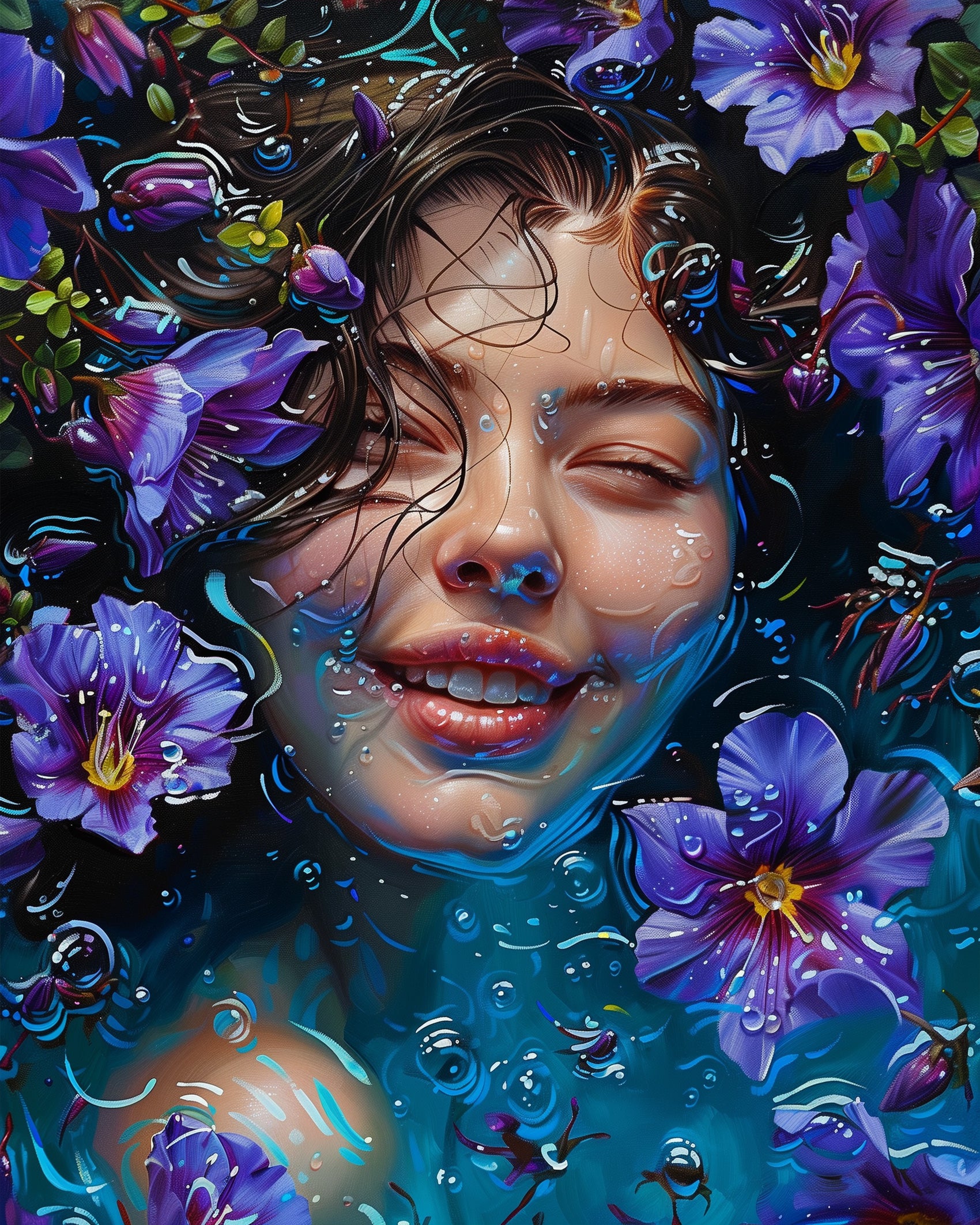 Close-up of a woman's serene face surrounded by vivid purple flowers and soothing waters, part of the Serene Blossoms Awakening by miicreative, enhancing relaxation and creativity.