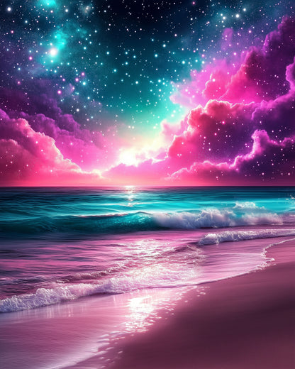 Tranquil ocean under a starry sky by miicreative. Ideal for stress relief, inviting you to paint a cosmic wonder.