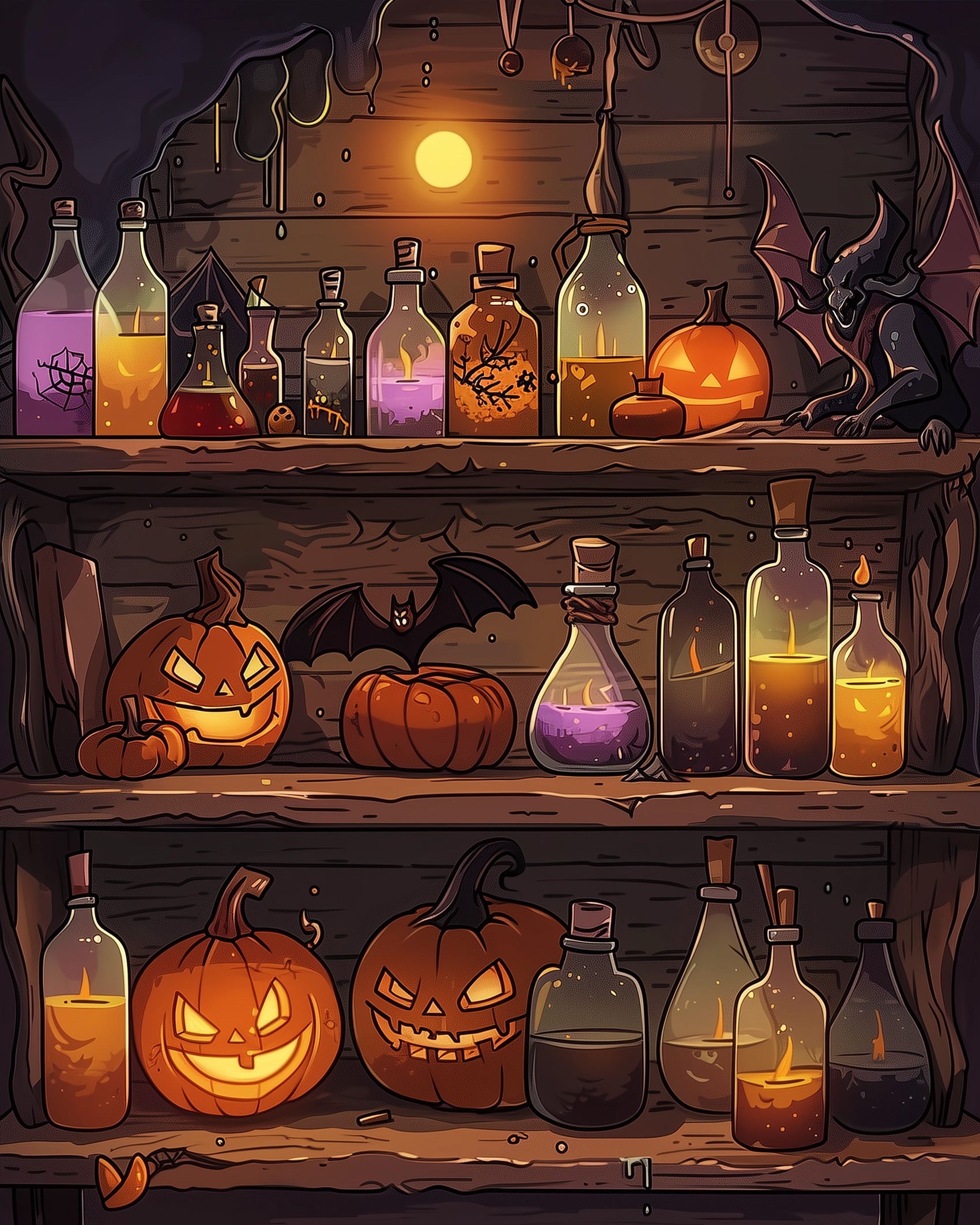 miicreative Potion Shelf and Pumpkins - Halloween paint by numbers kit featuring glowing potion bottles, carved pumpkins, and a bat. Embrace creativity and mindfulness with this vibrant, detailed Halloween scene.