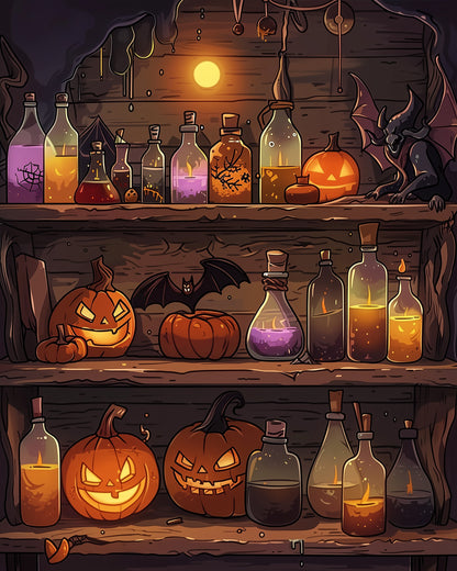 miicreative Potion Shelf and Pumpkins - Halloween paint by numbers kit featuring glowing potion bottles, carved pumpkins, and a bat. Embrace creativity and mindfulness with this vibrant, detailed Halloween scene.