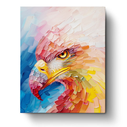 Vibrant abstract eagle profile painting by miicreative. The artwork showcases a colorful and dynamic mix of pinks, blues, and yellows, emphasizing the meditative and creative allure of the kit.