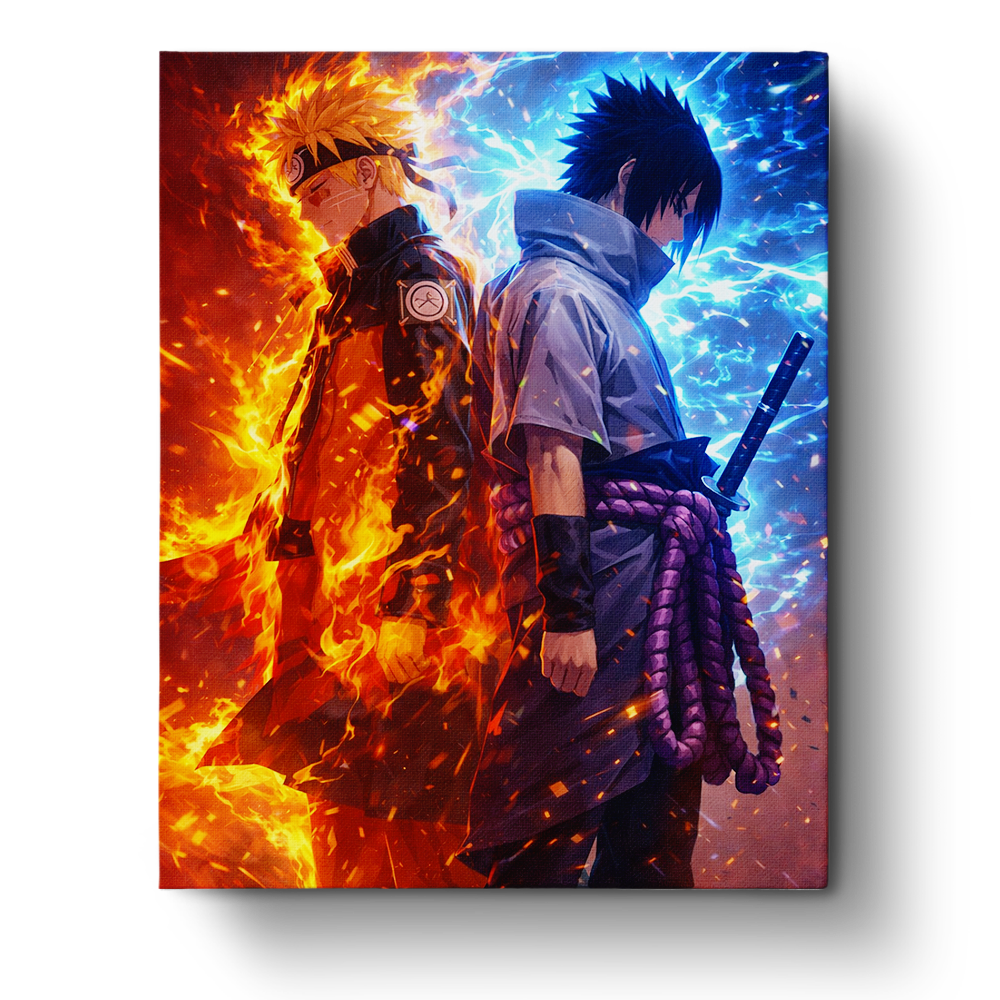 Naruto and Sasuke from Naruto series in vibrant paint by numbers kit by miicreative. Mindfulness through painting fiery and electric elements.