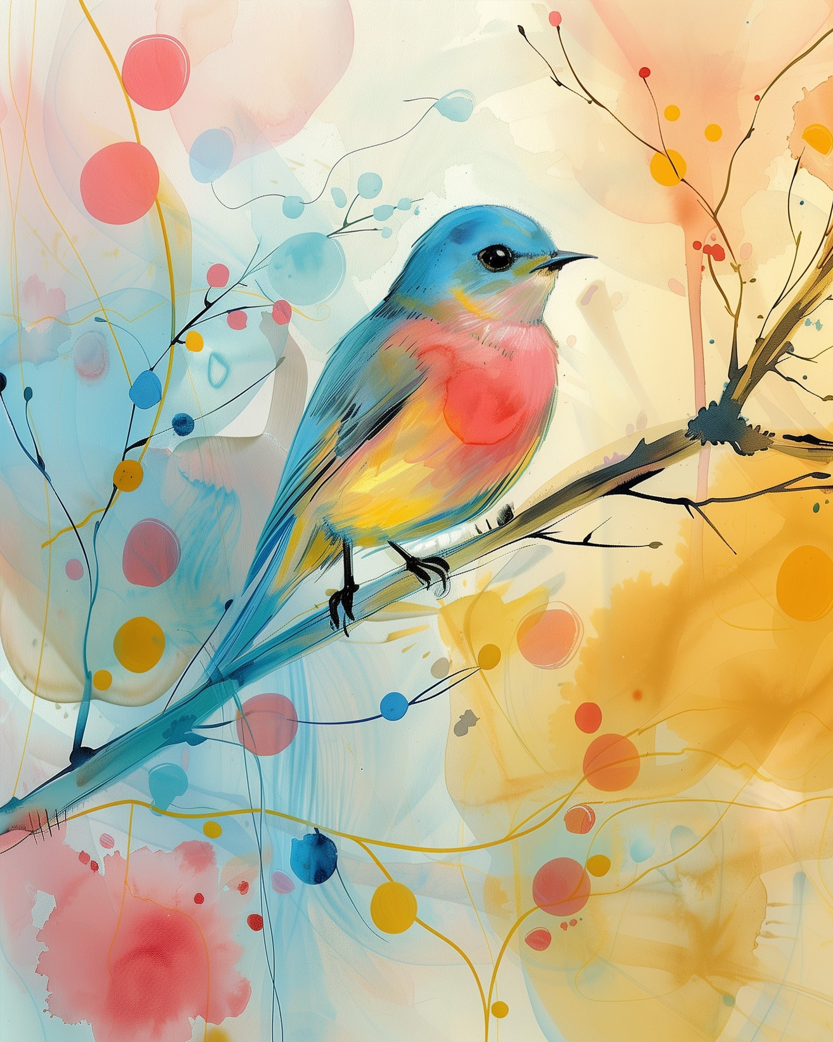 A vibrant, abstract painting of a bird perched on a branch with swirling colors and patterns illustrating nature's beauty by miicreative. A mindfulness and creativity-enhancing paint-by-numbers kit.